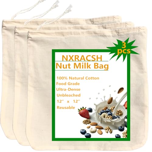 Nut Milk Bag,Cheese Cloths Bag for Straining,Unbleached Cotton Reusable Ultra-dense Cheesecloth Strainer Bag for Juicing Almond Oat Soy Milk Yogurt Butter Wine Cooking Jelly Turkey(3 pc,12"x 12")