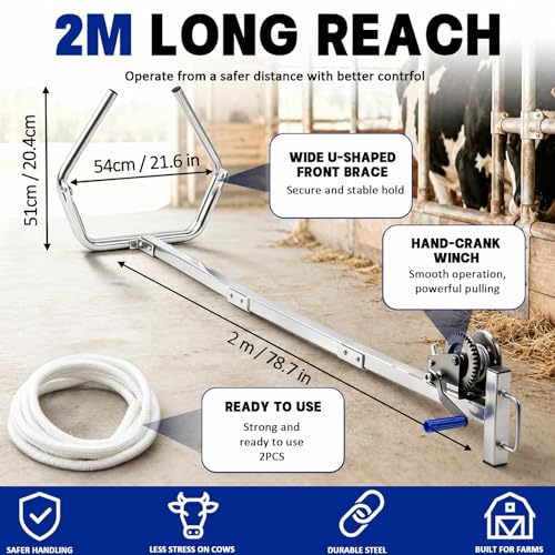 80'' Calf Puller with Hand Crank Gear System and Nylon Rope | Enhanced Calving Efficiency, Effortless Extra Long Reach, Non-slip Handle, for Difficult Large Calf Delivery & Vet Use