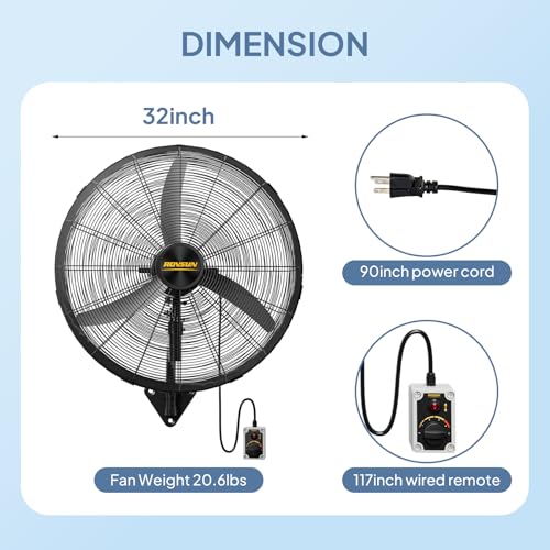 ROVSUN 30" Industrial Wall Fan with Remote Controller & BLDC Motor, High Velocity Wall-mounted Outdoor Fan with 4-Speed and Long Wired Remote, Oscillating Waterproof Wall Mount Fan for Gym, Patio - size: 30''