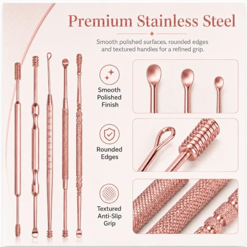 Hion 6 Pcs Ear Wax Removal Kit,Professional Double-Headed Ear Pick Earwax Removal Tools,316L Stainless Steel Ear Cleaner Curette with Cleaning Brush and Storage Box,Suit for Kid Adult(Rose Gold) - color: Rose Gold