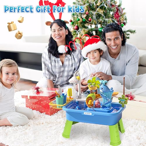 Upgraded Toddler Sand Water Table Toy with Electric Water Pump, Kids Sand Water with Faucet/Play Food Accessories/Fishing Toy, Kitchen Play Sink Toys for Girl Boy Age 3+ - color: Blue