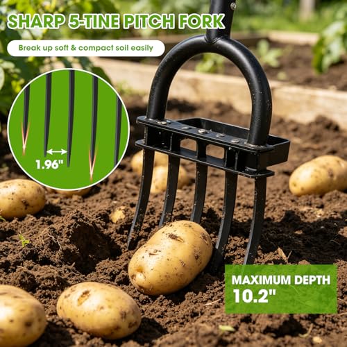 Broad Fork Garden Tool, 50" Heavy Duty Broadfork Hand Tiller with Double 5 Sharp Tines, Garden Pitchfork with Ergonomic D-Shaped Handle, Spading Diggi - size: Broad Fork 50Inch