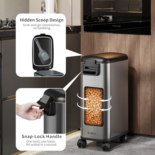 MRBIN Pet Food Storage Bin, Dog Food Bin 12L with Scoop Airtight Pet Food Container Stainless Steel with Wheels, Eclipse Grey