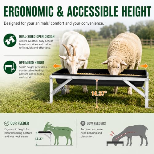 9.2 Gal Livestock Feed Trough with Stand, Heavy Duty Galvanized Steel Goat Feeder Trough for Sheep Horse Cattle, Raised Large Capacity Farm Animal Feeding Pan - color: Silver+Black