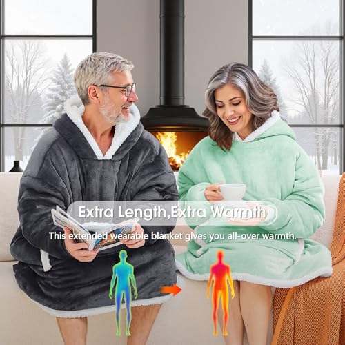 JOYWOO Green Wearable Blanket Hoodie,Oversized Cat Lovers Sweatshirt Blanket for Adult, Birthday Gifts for Women,Mom,Men,Cozy Sherpa Hooded Blanket with Giant Pocket Winter Gifts,Sage green Standard - color: Light Green, size: Adult