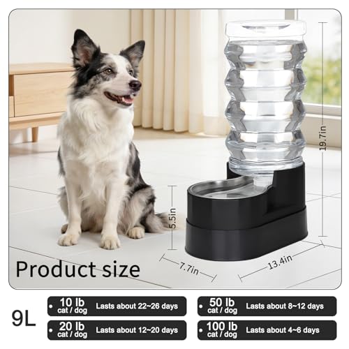 RIZZARI 9L Elevated Dog Waterer: Large Capacity Hydration | Raised Drinking Height/No Filter Maintenance/No Power Needed /Gravity Refill/Stainless Steel Bowl /Indoor/Garage - color: Classic Black, size: 9L