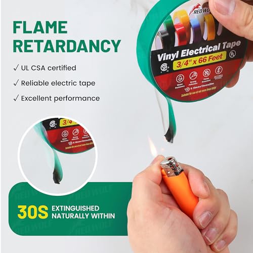 RED WOLF 10 Pack Green Electrical Tape 3/4 Inch x 66 Ft Industrial Grade UL/CSA Listed 7 Mil Thick Flame Retardant High Temp Waterproof Electrical PVC Tape Electric Super Vinyl Rated 600V - color: Green