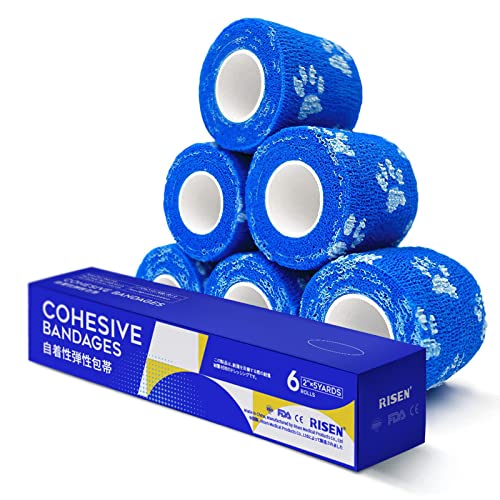 RISEN Cohesive Bandage 2” x 5 Yards, 6 Rolls, Self Adherent Wrap Medical Tape, Adhesive Flexible Breathable First Aid Gauze Ideal for Stretch Athletic - color: Blue Paw