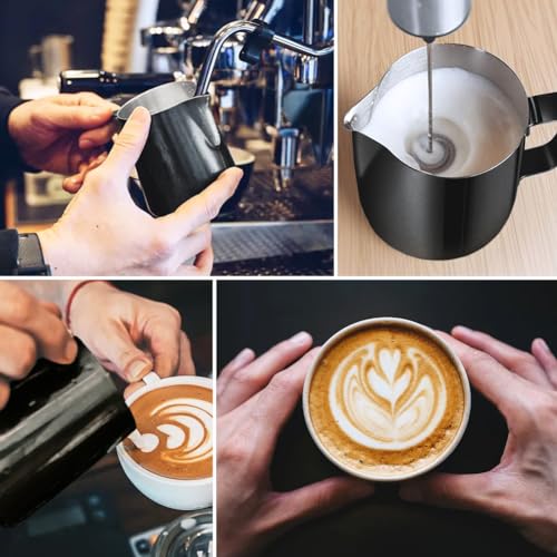 Frothing Milk Pitcher, 12 oz/350 ml Stainless Steel Frothing Milk Jug with Latte Art Pen,with Internal Measurements, for Cappuccino, Espresso and More - color: Black