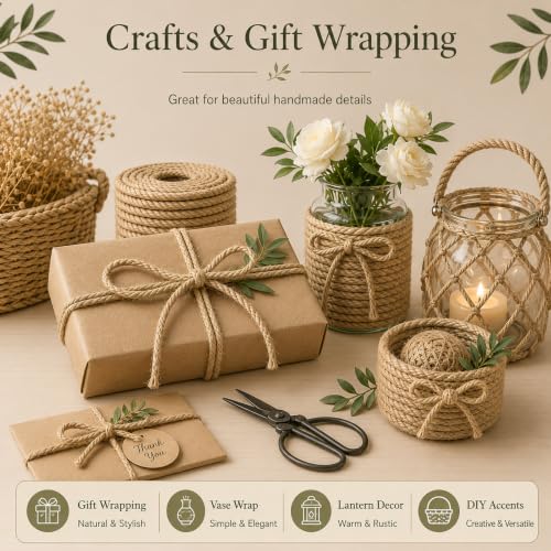Natural Jute Rope (3/8 Inch x 100 Feet) Thick Hemp Rope Twisted Jute Twine for DIY Crafts, Cat Scratching Post, Gardening, Decorating - size: 3/8 Inch x 100 Feet