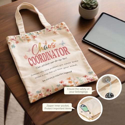 Aesthetic Canvas Tote Bag for Women - with Magnetic Snap Closure & Zipper Inner Pocket Reusable Totes Bag - color: Chaos Coordinator
