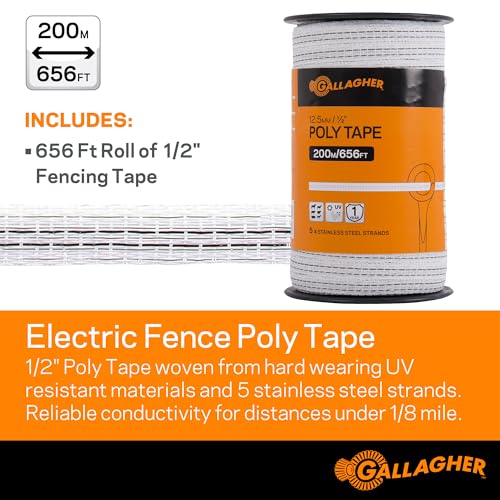 Gallagher Electric Fence Poly Tape | Ultra White 656 Ft Roll | 5 Stainless Steel Rust Resistant Strands | Suitable for Portable & Semi Permanent Electric Fences | UV Resistant 1/2" Diameter Poly Tape