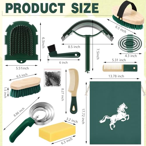 Abbylike 12 Pieces Horse Grooming Kit Racing Festival Tack Room Supplies Horse Brush Sets Equine Care Cleaning Kit Shedding Grooming Massaging Tools (Khaki and Green) - color: Khaki and Green