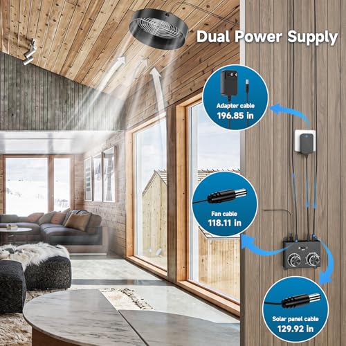 20 Watt Solar Roof Vent Fan with Thermostat - MPPT Controller, Adjustable Wind Speed, 2 Modes, Adapter, Dual Power Auto-Switch for 24/7 Operation - Cools up to 1100 Sq.Ft, for Small Attic Garage Shed - color: Black