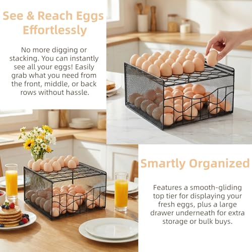 WRINGKIT Large Egg Basket for Gathering, Holds 36 + 100 Eggs | 2 Tier Fresh Egg Collecting Holder with Slide Tray, Metal Wire Farm Eggs Storage Rack for Counter, Easter Egg, Fruit, Veggie