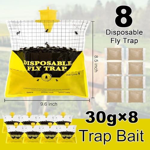 8 Pack Outdoor Fly Trap Bags Hanging - 8 * 30g Bait, Durable, Effective | Bug Hunter Catcher Killer Repellent for Stable Horse Barn & Farm | Disposable | Easy to use | Large Capacity - size: 8 Pack