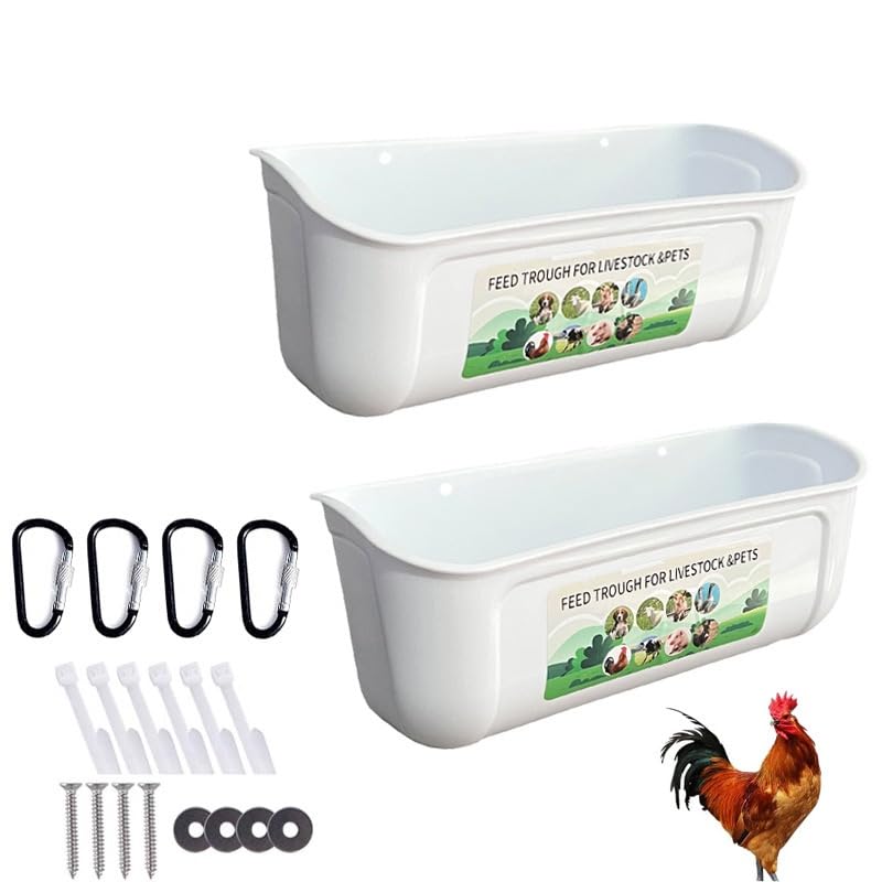 2 Pack Chicken Duck Dog Feeder, Poultry Feeders and Waterers, Hanging Goat Feeder, Livestock Feeding Container, Feed Trough and Waterer Bucket with Clips (White) - color: White