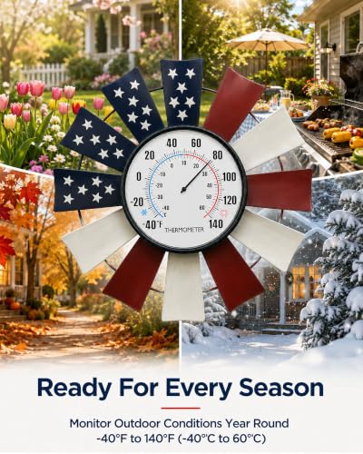 Patriotic Windmill Outdoor Thermometer, 13" Metal Wall Decor | 6.3" Easy-Read Dial, Auto-Calibrating Sensor Coil, Battery-Free Operation, -40°F to 140°F Range, Weather-Resistant