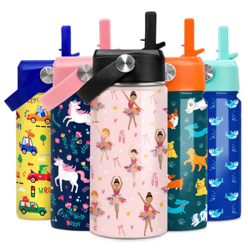 SANDJEST Kids Water Bottle Ballet Water Bottles 12oz with Straw Insulated Stainless Steel Travel School Tumbler Double Wall Vacuum Cup for Girls Kid - color: Ballerina