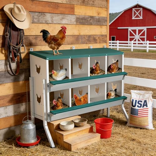 Chicken Nesting Box, 8 Compartments Nesting Box with 4 Fake Eggs & 10 Soft Nest Pads, Wall Mounting for Easy Egg Collection, Heavy Duty Galvanized Steel Rustproof Laying Box with Vented & Easy Clean - size: 8 compartment with Legs