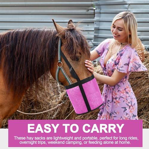 2 Pcs Horse Feed Bag, Heavy Duty Mesh Feeder with Adjustable Strap, Pink | Hay Bag, Grazing Muzzle, Slow Feeder, Trail Riding, Stall Use, Equine, Waterproof Bottom, Breathable Mesh, Padded Neck - color: Pink
