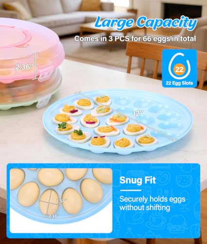3 Pack Stackable Deviled Egg Container with Lid for Easter, Picnic | Deviled Egg Container with Handle, 66-Slot Egg Carrier Tray for Fridge Storage, Easter, Christmas, Parties, Dishwasher
