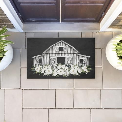 Stupell Industries Rustic Barn with White Roses, 30 x 18 | Outdoor Door Mat, Durable Non-Slip Woven Natural Texture, Recycled Rubber Backing | by Lettered and Lined