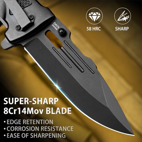 NedFoss Pocket Folding Knife DA75 Mini, 3 in 1 Pocket Knife Gifts for Men | 2.95 Inch Survival Knife w/ Liner-Lock, Seat Belt Cutter, Glass Breaker, Hunting knife for Camping, Christmas Gift for Women - color: Black-Mini2.95“