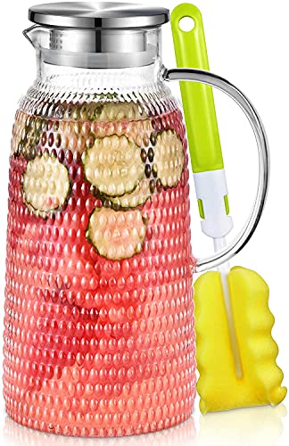 Aofmee 80oz Glass Pitcher with Lid, 2.4 Liter Water Pitcher, Glass Carafe for Cold or Hot Beverages, Sun Tea Jar, Easy Clean Heat Resistant Jug for Juice, Milk | Thickened Borosilicate Glass Iced Tea Pitcher, Drip-free Spout, Heat Resistant, Stovetop Dish