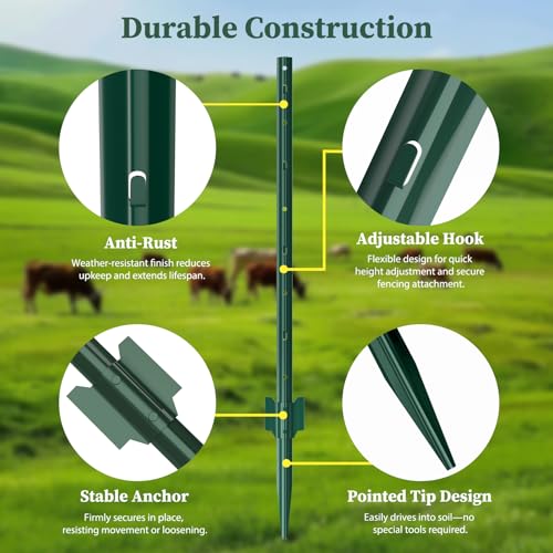 Metal Fence Posts for Wire Fencing,Heavy Duty U Post 4 FT Green | 10 Packs Rustproof Powder-Coated Steel Fence Stakes, No-Dig Fence Posts for Farm, Orchard, Yard & Temporary Fencing - color: Green, size: 4FT-10P