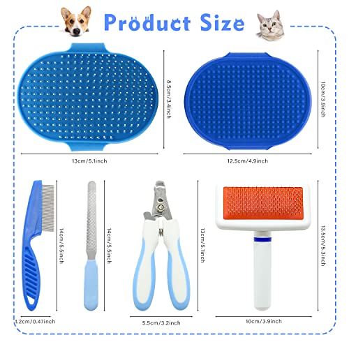 Pet Grooming Kit with Slicker Brush Bath Massage Glove Brush Pet Shedding Comb Nail Clipper Trimmer 6 Piece Set for Rabbit Kitten Guinea Pig Cat Chinchilla Ferret Small Animals - color: Blue