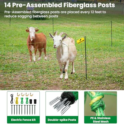 Electric Fence Netting, 49.6" H x 164'L Portable Livestock Nets for Cattle | Sheep, Goat, Hogs, Larger Animals, Electric Fencing with 14 Pre-Assembled Double-Spiked Posts for Backyards, Ranches, Farms