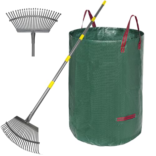 Adjustable Garden Rake for Leaves 36-73" Long Handle, 18" Wide, Heavy Duty with 25 Metal Tines ，Includes 32Gallon Leaf Bags，Designed for Lawns, Grass, Shrubs ，Flower Beds