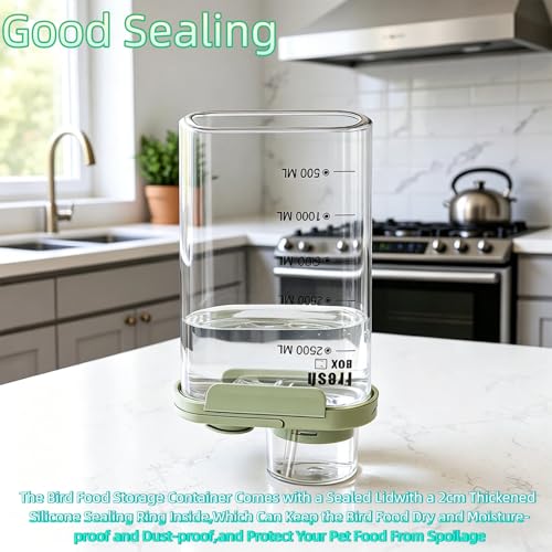 Bird Seed Storage Container with Lids Airtight Measuring Cup, Bird Seed Dispenser Pet Food Container are Used to Store Bird Food, Chicken Feed BPA Free,3 Qt/2.8 L,with Pouring Port(Green)