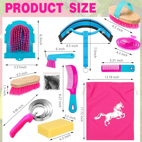 Abbylike 12 Pieces Horse Grooming Kit Racing Festival Tack Room Supplies Horse Brush Sets Equine Care Cleaning Kit Shedding Grooming Massaging Tools(Rose Red) - color: Rose Red