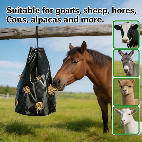 Hay Bag for Horses, Rugged Slow Feed Hay Bags for Goats,Sheep,Donkey,Cows, Alpacas and Ostriches, Premium PVC Waterproof Horse Feeder with 9 Holes,Tear-Resistant, Easy to Fill, Large Opening