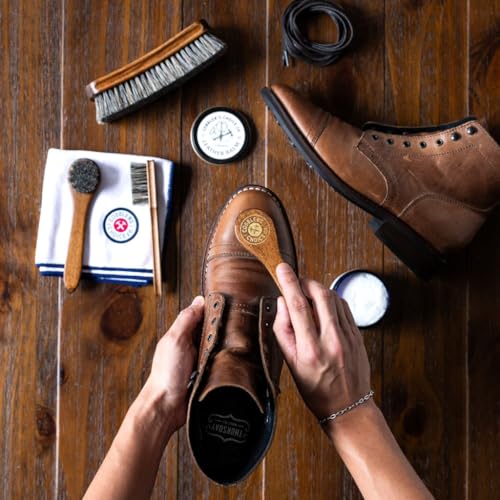 Cobbler’s Choice Co. Leather Care Kit with Horsehair Shoe Brush, Dauber Brush, Welt Brush, Microfiber Cloth - Brown - color: Brown