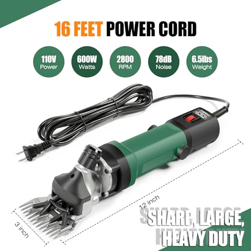 TAKEKIT Sheep Shears, 600W Professional Heavy Duty Sheep Clippers, 6 Speeds Electric Animal Shears for Alpacas Llamas Lambs and Large Livestock with Thick Coats, One Set of Extra Blades Included - color: Dark Green
