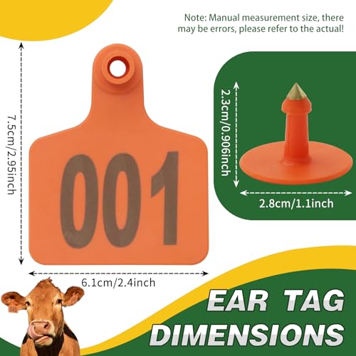 100PCS Cattle Ear Tags Numbered 001-100,Plastic Livestock Ear Tags with Animal Identification Tags for Cattle Cows Hogs Pigs Sheep Goats (Orange) - color: ORANGE