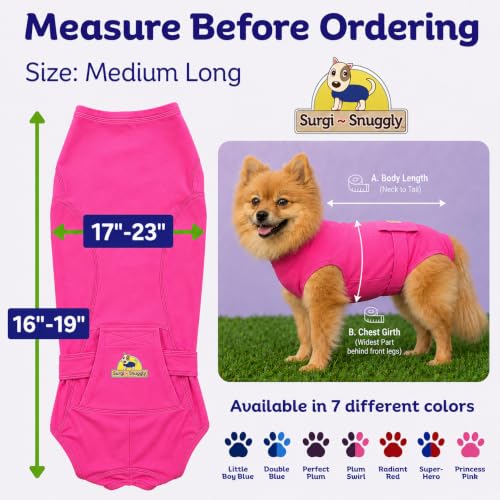 Surgi Snuggly Dog Surgery Recovery Suit, Cone Alternative, Spay/Neuter ML | Dog Recovery Suit for Dogs — Veterinarian-Invented Surgical Suit & Recovery Onesie with Easy Bathroom Access After Surgery - color: Princess Pink, size: Medium Long (L-16"-19" | G