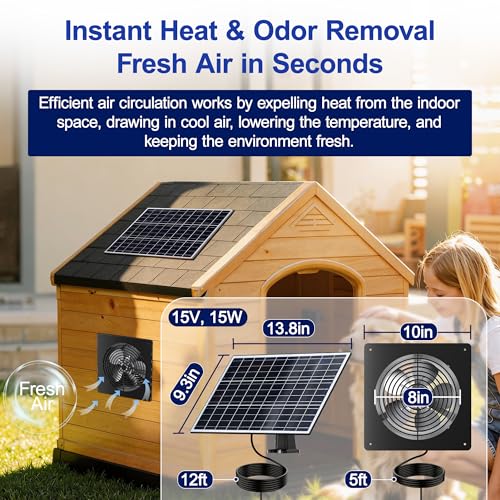 15W Solar Exhaust Fan with Remote Timer, for Chicken Coop, Greenhouse, Shed | Aluminum body, intake/exhaust reversible, programmable timer, for shed, pet house, ventilation, energy efficient