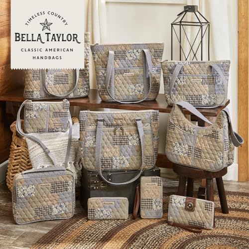 Bella Taylor Lunch Tote, Quilted Lunch Bag, Khaki Patchwork | Lightweight quilted cotton lunch box, easy-to-clean PEVA lining, 3 outside/1 inside pocket, durable construction - color: Khaki Patchwork
