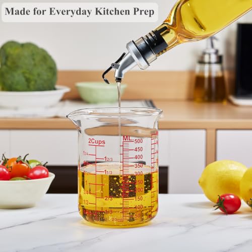 Ackers BORO3.3 Borosilicate Glass Measuring Cup, 500 ml (16 oz, 2 Cup) | Handleless beaker with printed ml, oz and cup scales and a V-shaped spout for clear measuring and controlled pouring - size: 2Cup,500ML