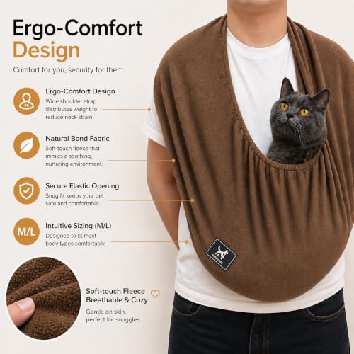 Cat Sling Carrier, Ultra-Soft Polar Fleece, Fits 3-13 lbs, Size M | Elastic One-Piece Metal-Free Pet Cuddle Bag for Indoor Home Use, Warm Cozy Wearable Carrier for Cats and Kittens, Caramel - color: Caramel, size: Medium (Regular)