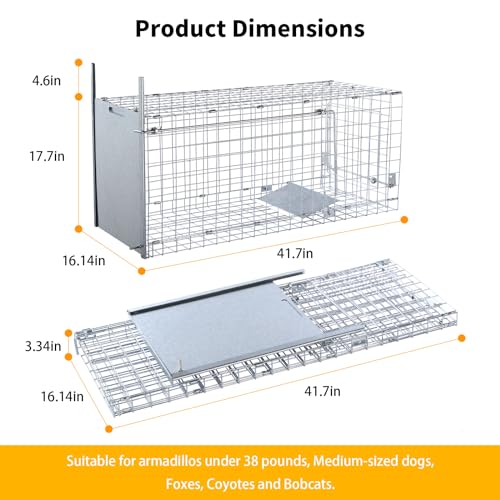 Timaze 42" Large Foldable Humane Live Animal Trap Cage | Heavy-duty foldable animal trap cage,suitable for dogs,foxes and coyotes weighing up to 38 pounds