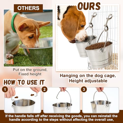 Mumufy 4 Set 1 Quart Stainless Steel Flat Side Bucket Durable Water Pails with Double Ended Snaps Small Metal Bucket Flat Back Water Pails for Dogs Cats Kennels Cages Fences Pet Container - size: 1 Quart