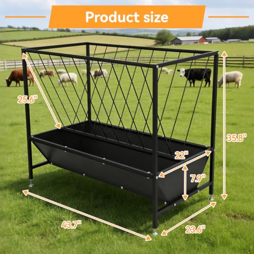 70 Gallon Pasture Hay Feeder, Heavy-Duty 2-in-1 Livestock Feeder with Grain Trough, Galvanized Steel Hay Rack for Goats, Sheep, Calves & Miniature Horses, Weather Resistant Farm Manger