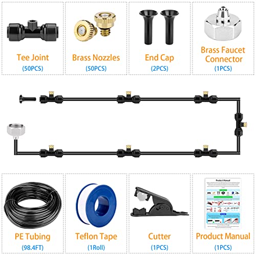 Misting Cooling System 98.4FT (30M) Misting Line + 50 Brass Mist Nozzles + 50 T-Connectors + 1 Faucet Adapters (3/4") Outdoor Mister for Patio Garden Greenhouse Trampoline for Waterpark | 50 Brass Nozzles and 50 T-Connectors, 3/4" Faucet Adapter, Patio, G