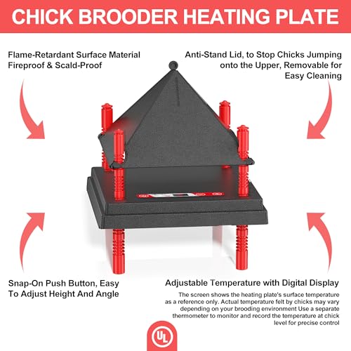 Chick Brooder Heating Plate with Anti Stand Cone, 10"x10" Temp Adjust Black | Adjustable Height Brooder Heater for Chicks, Downward Heat Distribution for Outdoor Barns & Coops - size: 10.0"L x 10.0"W x 9.0"H