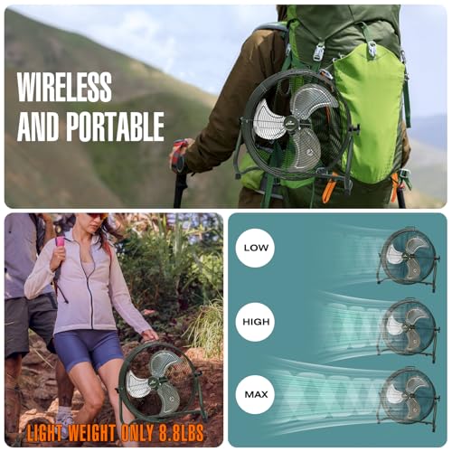 iLiving 18" Rechargeable Battery Operated Camping Floor Fan, High Velocity Portable Outdoor Fan with Metal Blade, With Built-in Lithium Battery for Whole Day Usage, 18 Inches, Military Green - size: 18 In